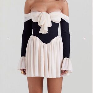 House of CB Alana Black & Cream Off Shoulder Mini Dress